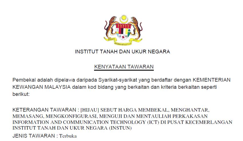 IKLAN PEROLEHAN SEBUT HARGA MEMBEKAL, MENGHANTAR, MEMASANG, MENGKONFIGURASI, MENGUJI DAN MENTAULIAH PERKAKASAN INFORMATION AND COMMUNICATION TECHNOLOGY (ICT) DI PUSAT KECEMERLANGAN INSTUN (SH03/2025)