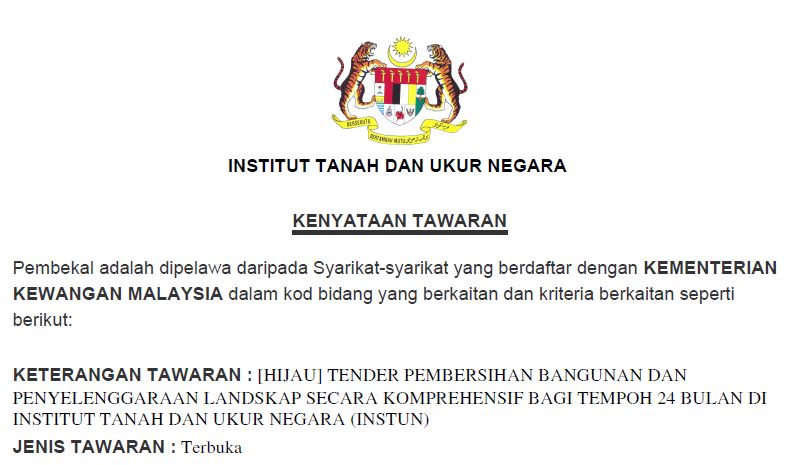 IKLAN PEROLEHAN TENDER PEMBERSIHAN BANGUNAN DAN PENYELENGGARAAN LANDSKAP SECARA KOMPREHENSIF BAGI TEMPOH 24 BULAN DI INSTUN (T03/2025)
