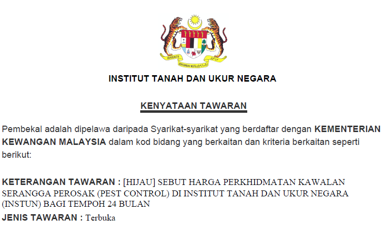 IKLAN SEBUT HARGA PERKHIDMATAN KAWALAN SERANGGA PEROSAK (PEST CONTROL) DI INSTUN BAGI TEMPOH 24 BULAN